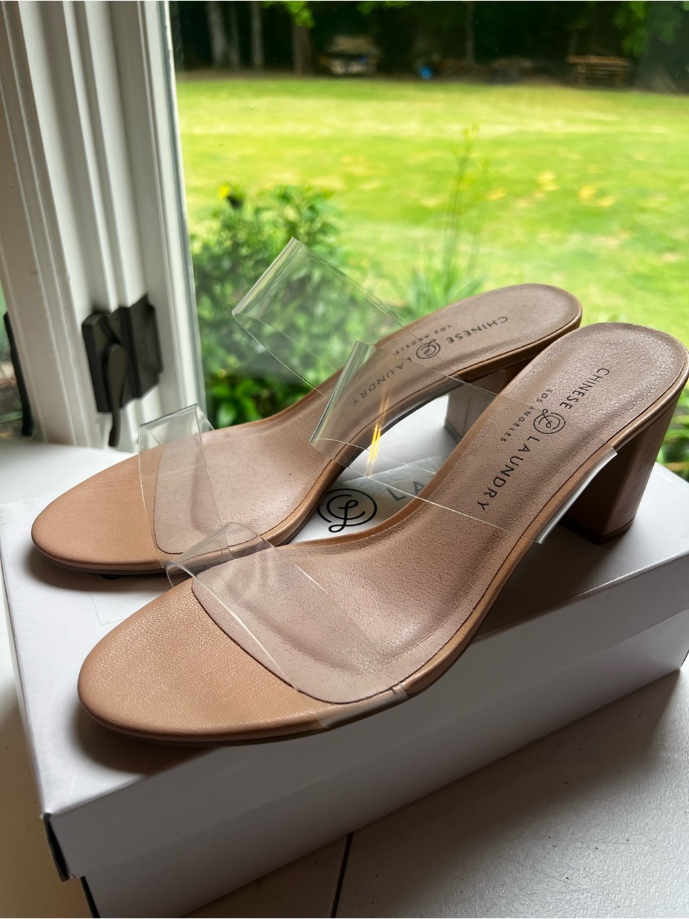 Chinese Laundry Nude Clear Strap Block Heel Sandals